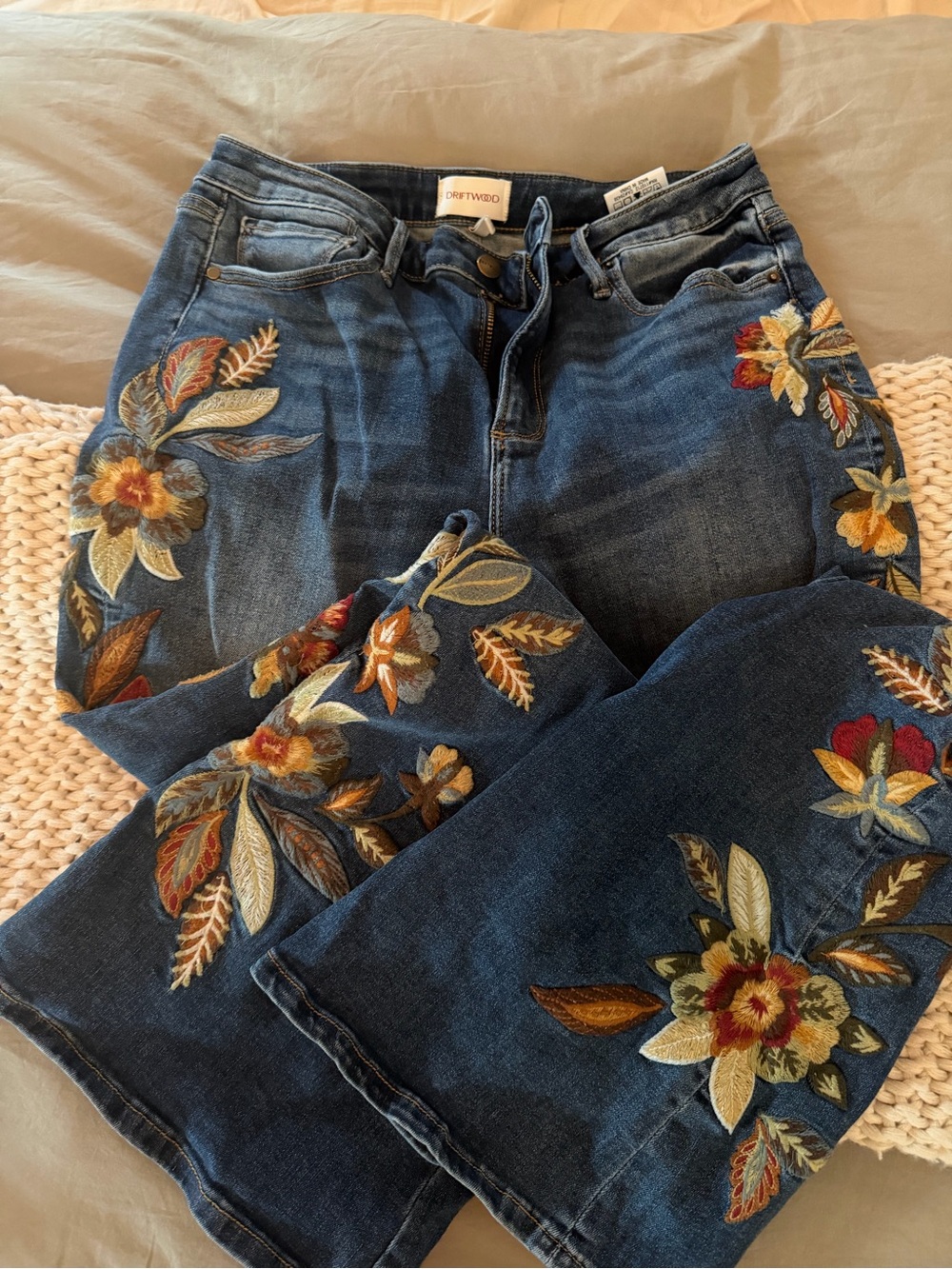 DRIFTWOOD Blue Flare Jeans with Multicolor Floral Embroidery - Picture 2 of 2